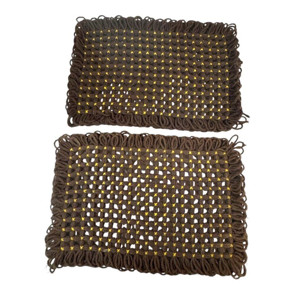 Handmade Brown & Yellow Knit Crochet Placemat Set of 2 MCM Retro Lot Centerpiece